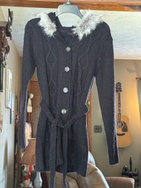 Angels Black Cable Knit Hooded Cardigan with Faux-Fur Trim